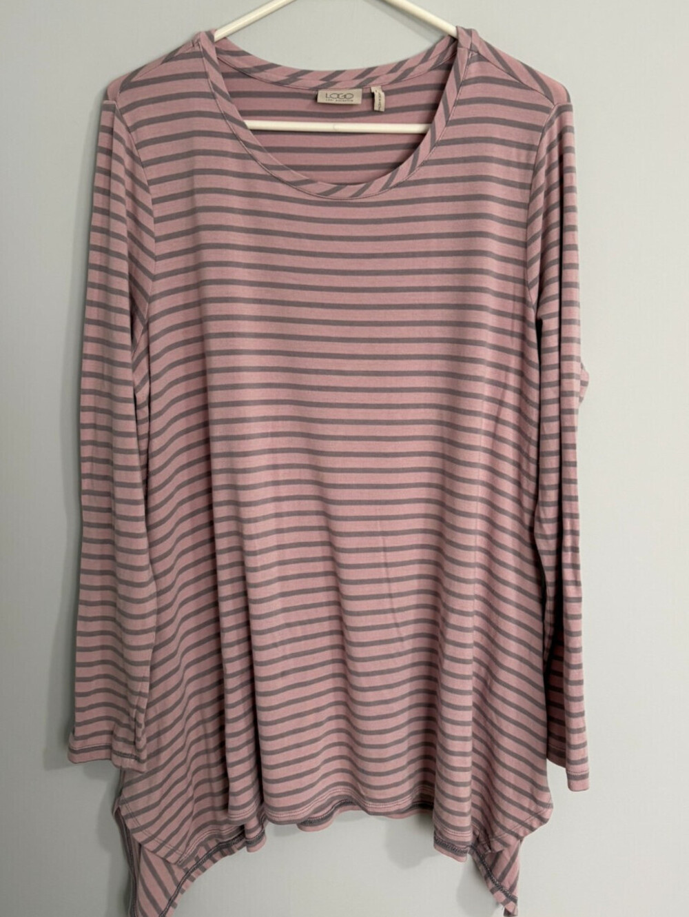 LOGO By Lori Goldstein Womens Tunic Top Pink Gray Striped Asymmetrical Hem Large